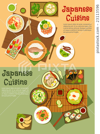 Traditional japanese seafood dishes flat icon Traditional japanese seafood dishes flat icon 23113596
