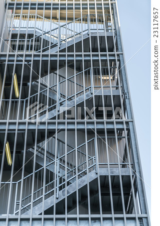 Metal fire escape outside building . 23117657