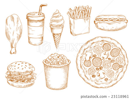 Retro stylized sketch of fast food lunch Retro stylized sketch of fast food lunch 23118961