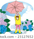 小學女生（Raincoat + Puddle + Blue Sky + Hydrangea）舉起雨傘，為雨已經停止而歡欣鼓舞 23127652