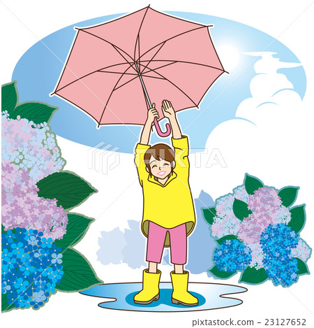 Elementary school girls (Raincoat + Puddle + Blue Sky + Hydrangea) who raise an umbrella and rejoice that rain has stopped 23127652