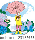 小女孩舉起雨傘，高興雨停了（雨衣+水池+藍天+繡球花+蝸牛） 23127653