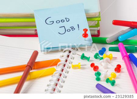 Good job text on adhesive note and pin Good job text on adhesive note and pin 23129385