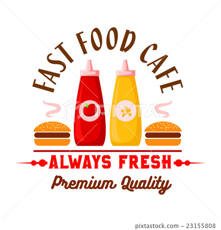 Fast food hamburgers with sauces retro badge Fast food hamburgers with sauces retro badge 23155808