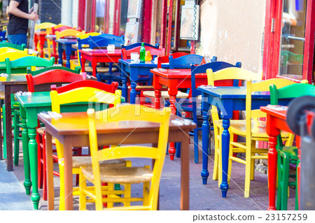 Summer empty outdoor cafe at tourist european city Summer empty outdoor cafe at tourist european city 23157259