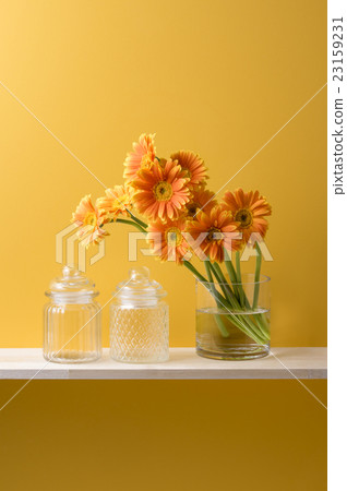 Yellow background and orange gerbera and glass bottle 23159231