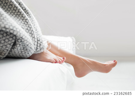 Woman getting out cozy bed, first awake step Woman getting out cozy bed, first awake step 23162685