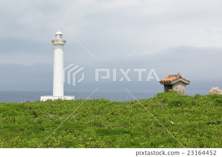 Shizuka Cape, a lighthouse and a shrine gathered by Xsatobera on one side, Yomitan village, Nakagami gun, Okinawa prefecture 23164452