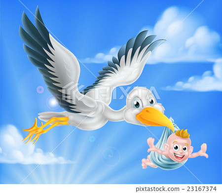 Stork flying holding baby 23167374