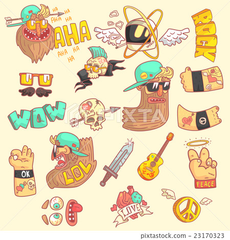 Set Of Stylized Rock Themed Stickers 23170323