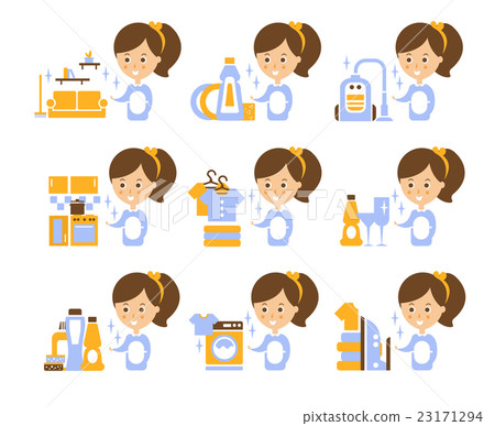 Cleaning Service Girl And Finished Tasks Set Of Cleaning Service Girl And Finished Tasks Set Of 23171294