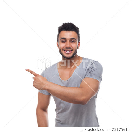 Casual Handsome Man Point Finger At Corner To Copy Casual Handsome Man Point Finger At Corner To Copy 23175613