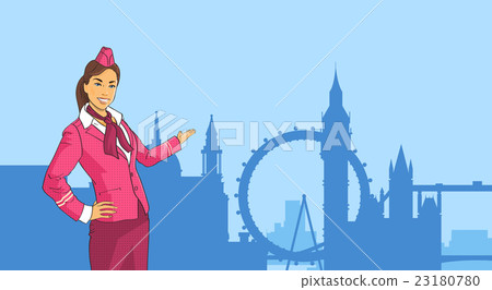 Stewardess In Uniform Open Palm To London City Stewardess In Uniform Open Palm To London City 23180780