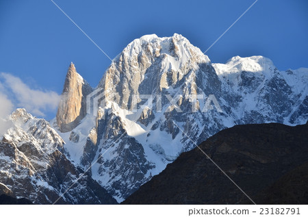在巴基斯坦早晨由Hunza Asahi插入的手指峰和Hunza峰 23182791
