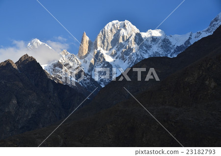 在巴基斯坦早晨由Hunza Asahi插入的手指峰和Hunza峰 23182793