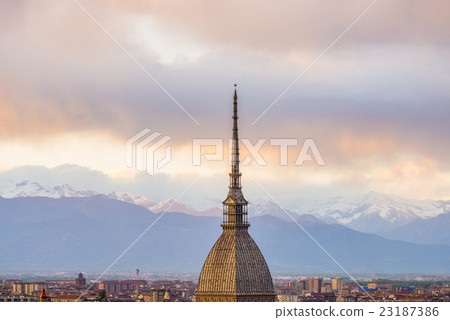 Cityscape of Torino (Turin, Italy) at sunset with storm clouds 23187386