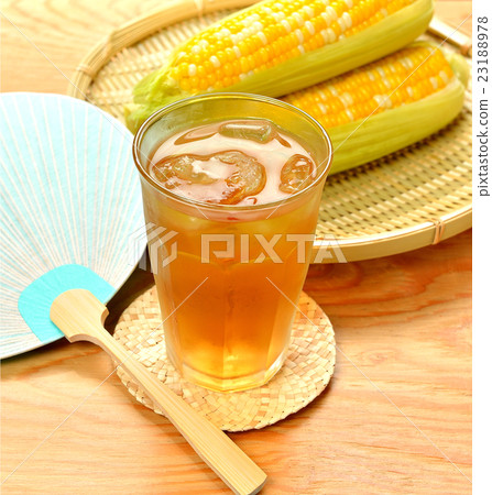 Summer boiled corn, barley tea and fan. Summer image. 23188978
