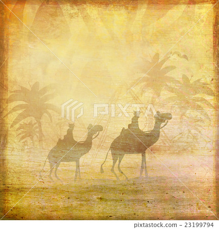Camel train silhouetted against the Sahara Desert Camel train silhouetted against the Sahara Desert 23199794