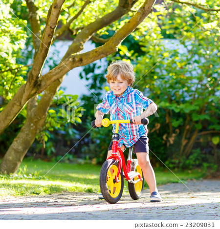 kid boy driving tricycle or bicycle in garden kid boy driving tricycle or bicycle in garden 23209031