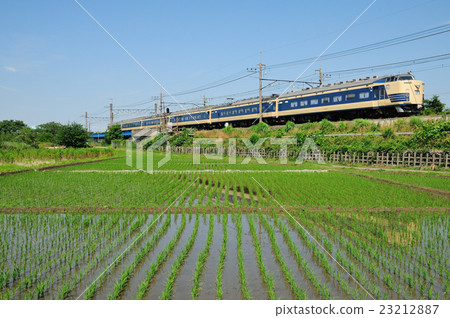 在水稻種植Wakuwaku Dream期間,在雨季的武藏野線上快速運行的583系統睡眠列車 在水稻種植Wakuwaku Dream期間,在雨季的武藏野線上快速運行的583系統睡眠列車 23212887