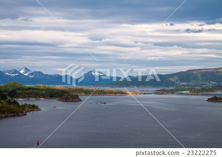 scenic view of fjord and snow mountains, Norway scenic view of fjord and snow mountains, Norway 23222275