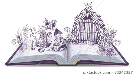 Robinson Crusoe on desert island. Open book 23242327