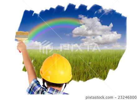 young child boy painting blue sky and green field 23246800
