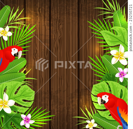 Stock Illustration: Green tropical leaves and red parrots