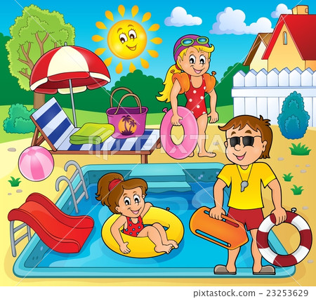 Children and life guard by pool 23253629