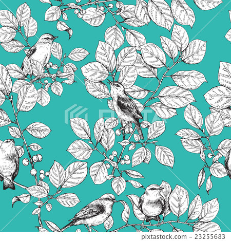 Seamless pattern with birds on branches - Stock Illustration [23255683 ...