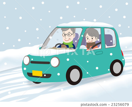 Elder couple drive snow road smile blue green 23256079