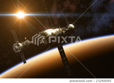 Space Station And Spacecraft On Background Of Sun 23260095