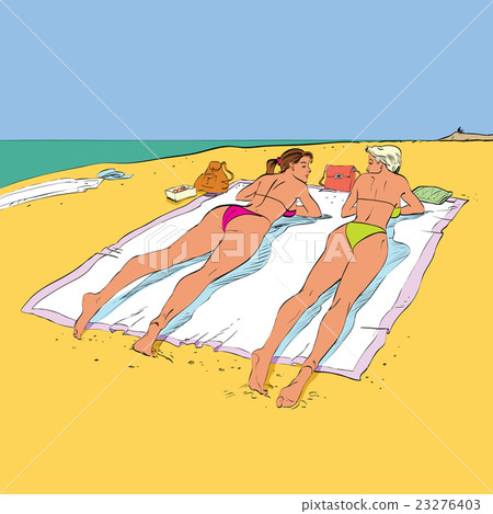 Two girlfriends sunbathing on the beach Two girlfriends sunbathing on the beach 23276403