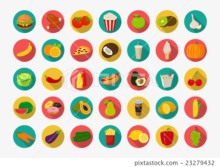 Color food icons set. Fruits and Vegetables icons. 23279432