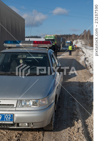 Trucks stopped on highway after heavy snow storm Trucks stopped on highway after heavy snow storm 23287590
