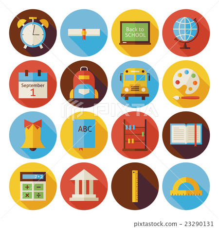 Flat Back To School Circle Icons Set Long Shadow - Stock Illustration ...