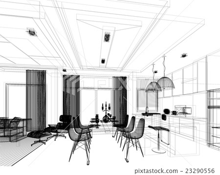 abstract sketch design of interior dining and kitc - Stock Illustration ...