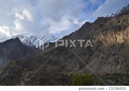 Bird's eye view of Pakistan Hunza beautiful village, mountains and rivers and Karakoram Highway Bird's eye view of Pakistan Hunza beautiful village, mountains and rivers and Karakoram Highway 23290850