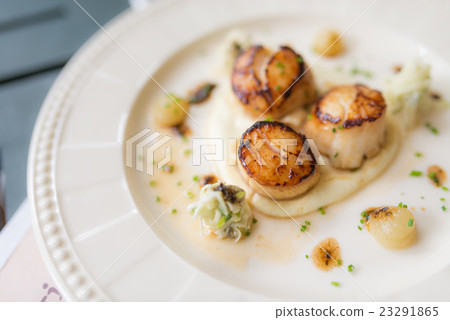 Grilled scallops on white plate 23291865