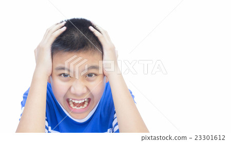 Boy with think hard action on isolated background. Boy with think hard action on isolated background. 23301612