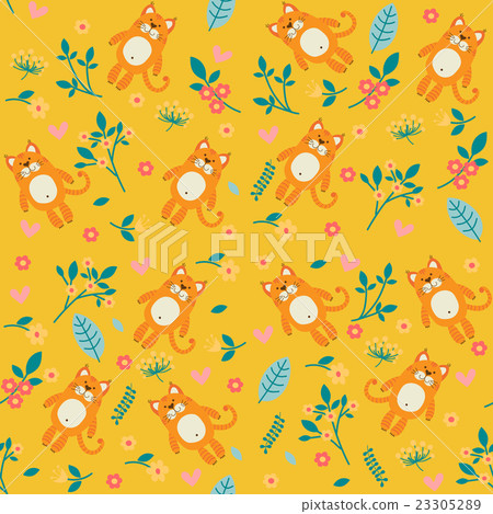 Orange cat and flowers, seamless pattern Orange cat and flowers, seamless pattern 23305289