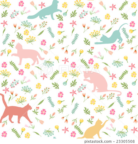 cats and flowers, seamless pattern 23305508