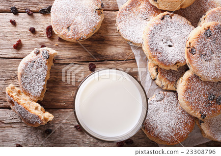 Homemade Welsh cakes with raisins and milk closeup 23308796