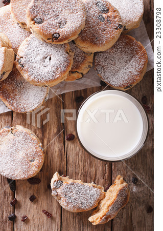 Homemade Welsh cakes with raisins and milk closeup 23308798