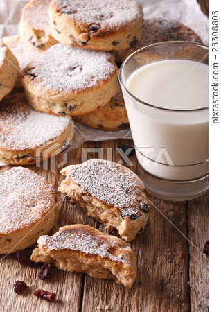 Homemade Welsh cakes with raisins and milk closeup 23308803