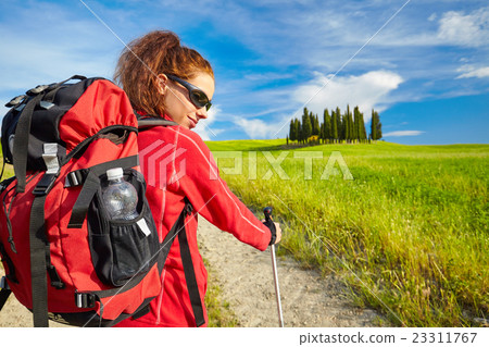 Tourist girl enjoying view of beautiful dry green wheat hills Tourist girl enjoying view of beautiful dry green wheat hills 23311767
