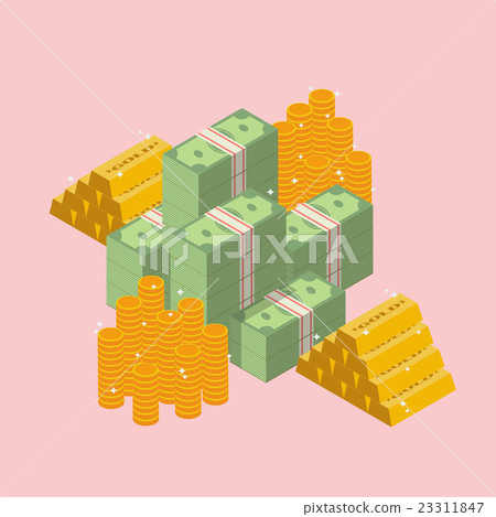 Pile of cash with gold ingots and coin 23311847