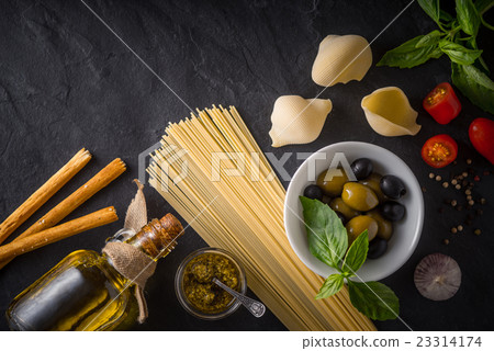 Set of Italian food on the black stone table Set of Italian food on the black stone table 23314174