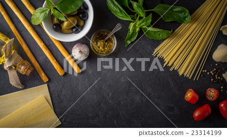 Set of Italian food on the black stone table Set of Italian food on the black stone table 23314199