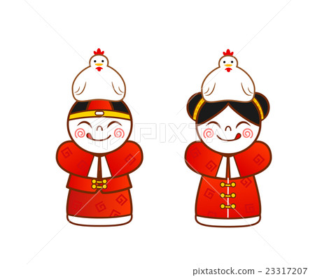 傳統中國服裝的孩子與黃道帶雞在他們的頭 23317207